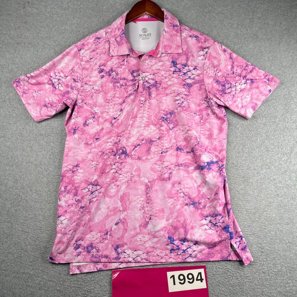 Scales Performance Polo Shirt Pink Abstract Fishing Casual Mens Medium
